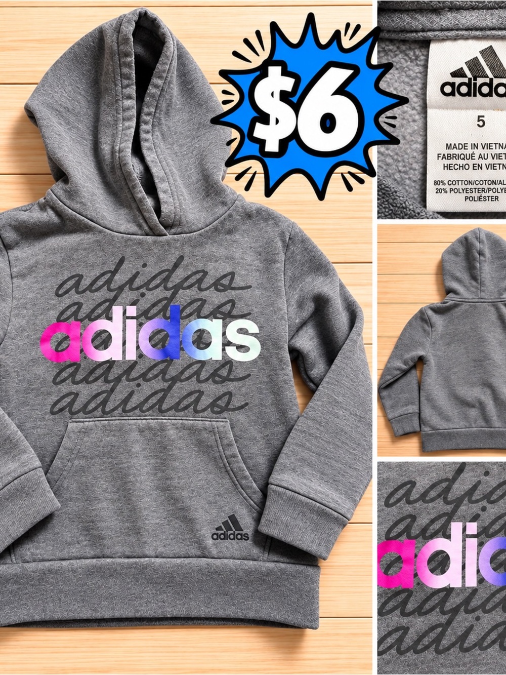 adidas Kids Gray Hoodie with Multicolor Logo